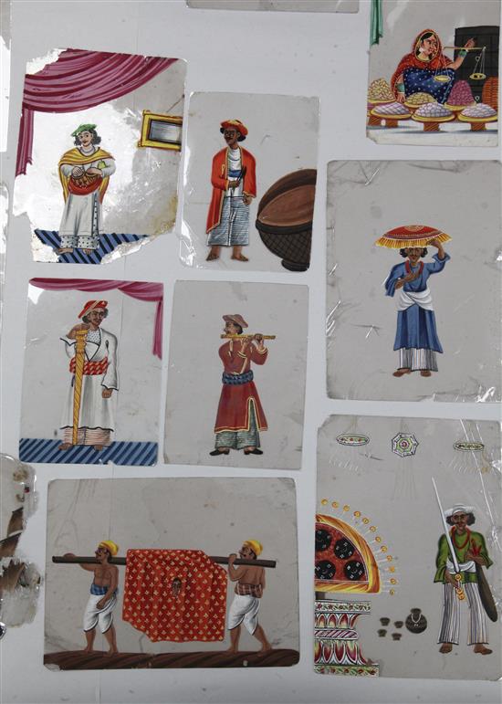 An extensive collection of 19th century Indian gouache on mica pictures, largest 5 x 7in. approx., unframed